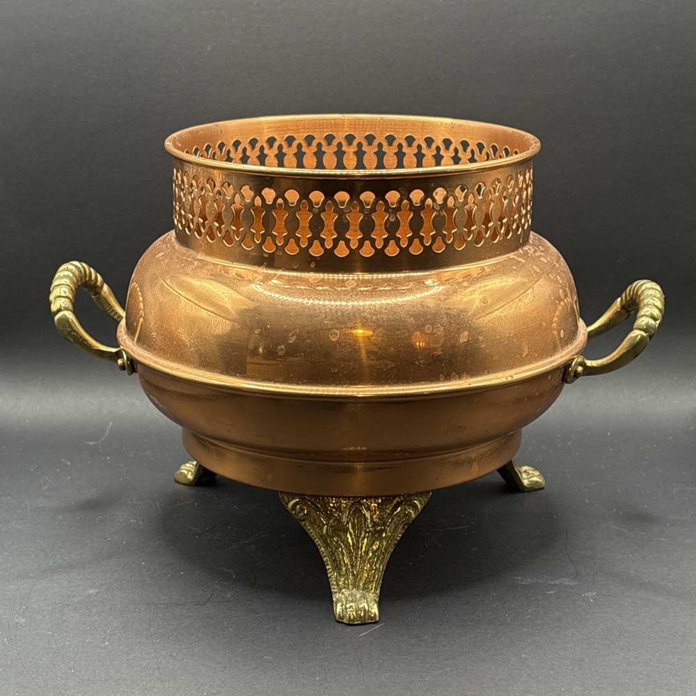 Vintage Metalurgica Vieira Portugal Footed Copper Cachepot Planter Brass Handles